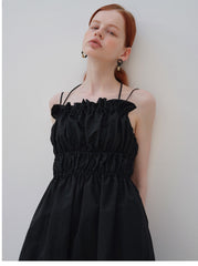 Gathered Linen Midi Dress with Spaghetti Straps and Elastic Waist Detailing