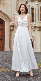 Silk Backless Midi Dress with Bow Tie and Flowy Drape