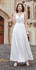Silk Backless Midi Dress with Bow Tie and Flowy Drape