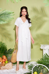 Pleated Silk Midi Dress with Bow Detail and Relaxed Silhouette