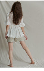 Ruffle Trim Linen Top with Pleated Front and Tie Waist