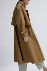 Double-Breasted Long Linen Jacket with Structured Collar and Belted Cuffs