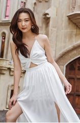 Silk Backless Midi Dress with Bow Tie and Flowy Drape