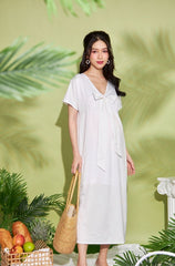 Pleated Silk Midi Dress with Bow Detail and Relaxed Silhouette