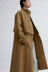 Double-Breasted Long Linen Jacket with Structured Collar and Belted Cuffs