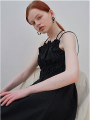 Gathered Linen Midi Dress with Spaghetti Straps and Elastic Waist Detailing