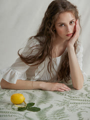 Ruffle Trim Linen Top with Pleated Front and Tie Waist