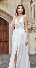 Silk Backless Midi Dress with Bow Tie and Flowy Drape