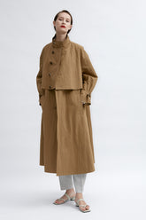 Double-Breasted Long Linen Jacket with Structured Collar and Belted Cuffs