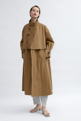 Double-Breasted Long Linen Jacket with Structured Collar and Belted Cuffs