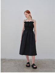 Gathered Linen Midi Dress with Spaghetti Straps and Elastic Waist Detailing