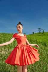 Puff Sleeve Linen Mini Dress with Square Neckline and Flared Skirt