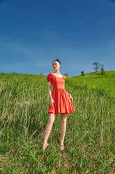 Puff Sleeve Linen Mini Dress with Square Neckline and Flared Skirt