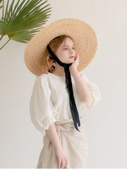 Linen Puff Sleeve Blouse with Back Button Detail and Gathered Elastic Cuffs