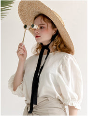 Linen Puff Sleeve Blouse with Back Button Detail and Gathered Elastic Cuffs