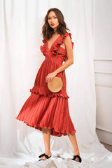 Pleated silk midi dress with deep V-neckline and ruffle shoulder detailing