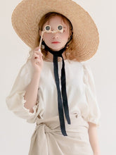 Linen Puff Sleeve Blouse with Back Button Detail and Gathered Elastic Cuffs