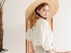 Linen Puff Sleeve Blouse with Back Button Detail and Gathered Elastic Cuffs