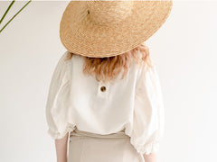 Linen Puff Sleeve Blouse with Back Button Detail and Gathered Elastic Cuffs