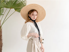 Linen Puff Sleeve Blouse with Back Button Detail and Gathered Elastic Cuffs