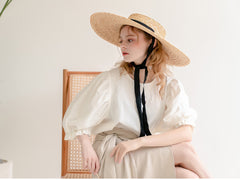 Linen Puff Sleeve Blouse with Back Button Detail and Gathered Elastic Cuffs