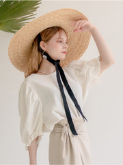 Linen Puff Sleeve Blouse with Back Button Detail and Gathered Elastic Cuffs