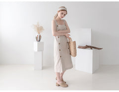 Linen Midi Dress with Button Detail and Wide Shoulder Straps