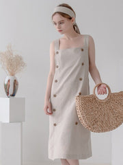 Linen Midi Dress with Button Detail and Wide Shoulder Straps