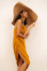 Silk draped midi dress with ruched side slit and delicate shoulder straps