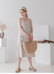 Linen Midi Dress with Button Detail and Wide Shoulder Straps