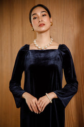 Square Neck Velvet Dress with Long Flared Sleeves and Elegant Floor-Length Silhouette