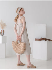 Linen Midi Dress with Button Detail and Wide Shoulder Straps