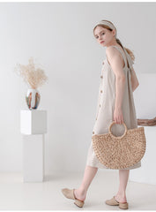 Linen Midi Dress with Button Detail and Wide Shoulder Straps