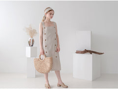 Linen Midi Dress with Button Detail and Wide Shoulder Straps