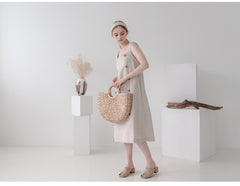 Linen Midi Dress with Button Detail and Wide Shoulder Straps