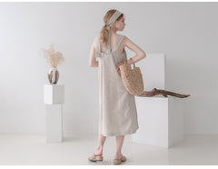 Linen Midi Dress with Button Detail and Wide Shoulder Straps