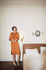 Silk Midi Dress with Long Sleeves and Side Slit for Elegant Evening and Daywear