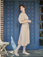 Smocked Waist Linen Midi Dress with Puff Sleeves and Back Zipper