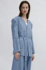 Tailored Belted Linen Blazer with Soft Structure