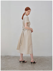 V-Neck Button-Down Linen Midi Dress with Fitted Waist and Short Sleeves