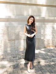 Silk Midi Dress with Draped Back and Sleeveless Cut