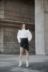 Mona Long Bishop Sleeve High Neck Frill Silk Blouse