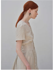 V-Neck Button-Down Linen Midi Dress with Fitted Waist and Short Sleeves