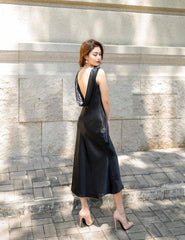 Silk Midi Dress with Draped Back and Sleeveless Cut