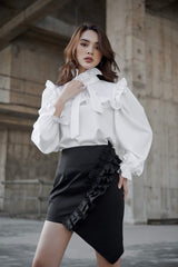 Mona Long Bishop Sleeve High Neck Frill Silk Blouse