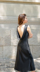 Silk Midi Dress with Draped Back and Sleeveless Cut