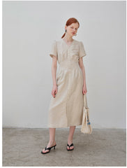 V-Neck Button-Down Linen Midi Dress with Fitted Waist and Short Sleeves