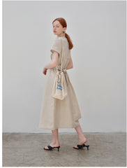 V-Neck Button-Down Linen Midi Dress with Fitted Waist and Short Sleeves