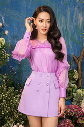 Sheer Ruffle Detail Organza Top with V-Neckline and Puff Sleeves