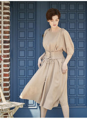 Smocked Waist Linen Midi Dress with Puff Sleeves and Back Zipper